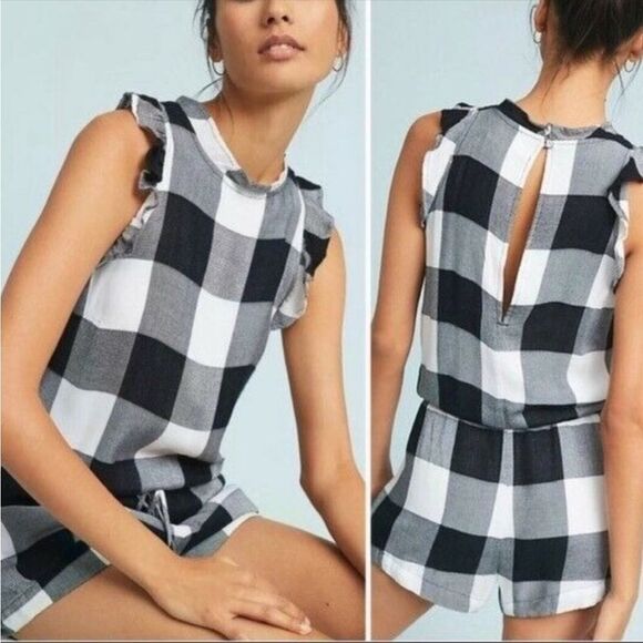ANTHROPOLOGIE | CLOTH & STONE Buffalo Plaid Black & White Romper Women’s Size L - Picture 1 of 13